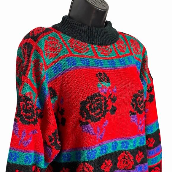 VINTAGE 80s 90s SWEATER XMAS ROSE STRIPE RETRO COTTAGE BY JOAN HARPER SIZE L - Picture 2 of 5